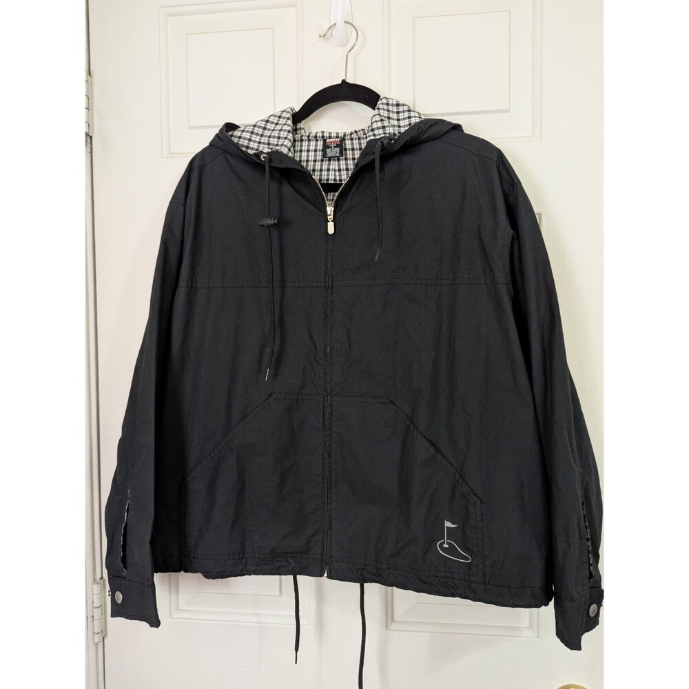 ESPN Golf Jacket Windbreaker Black Women's Medium Flannel Lined Zip Embroidery